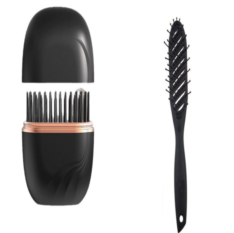 The comb with its lid off beside the detangling brush