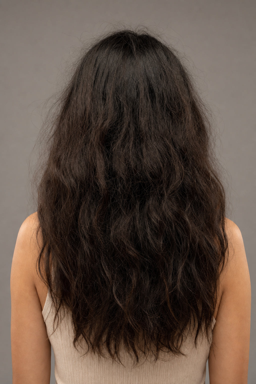Dry, frizzy hair before the comb has passed through it